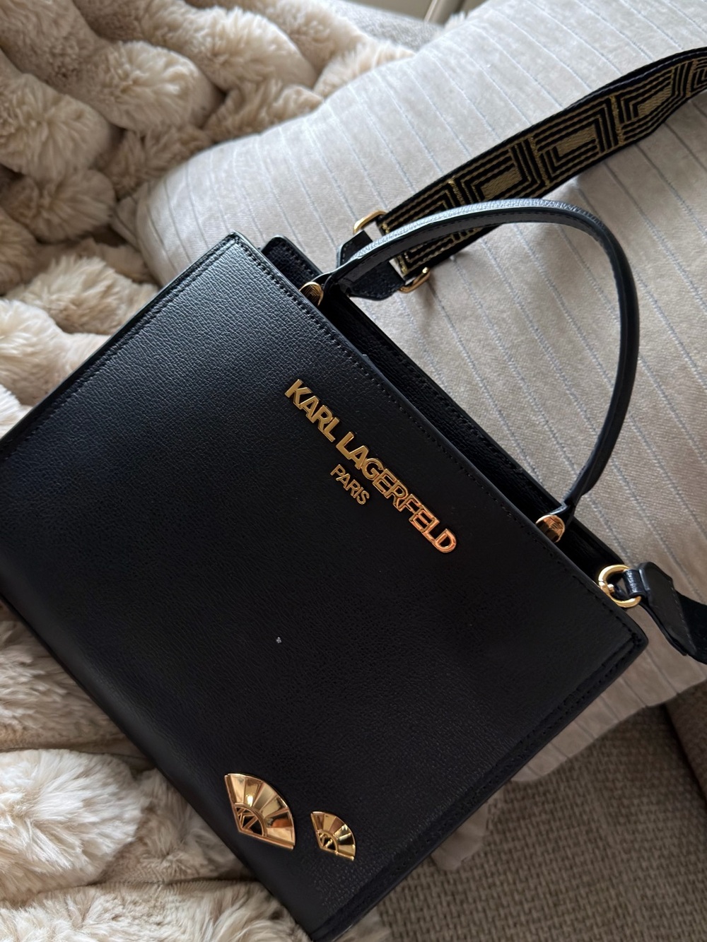 Karl Lagerfeld Black Leather Satchel with Gold Accents and Patterned Strap